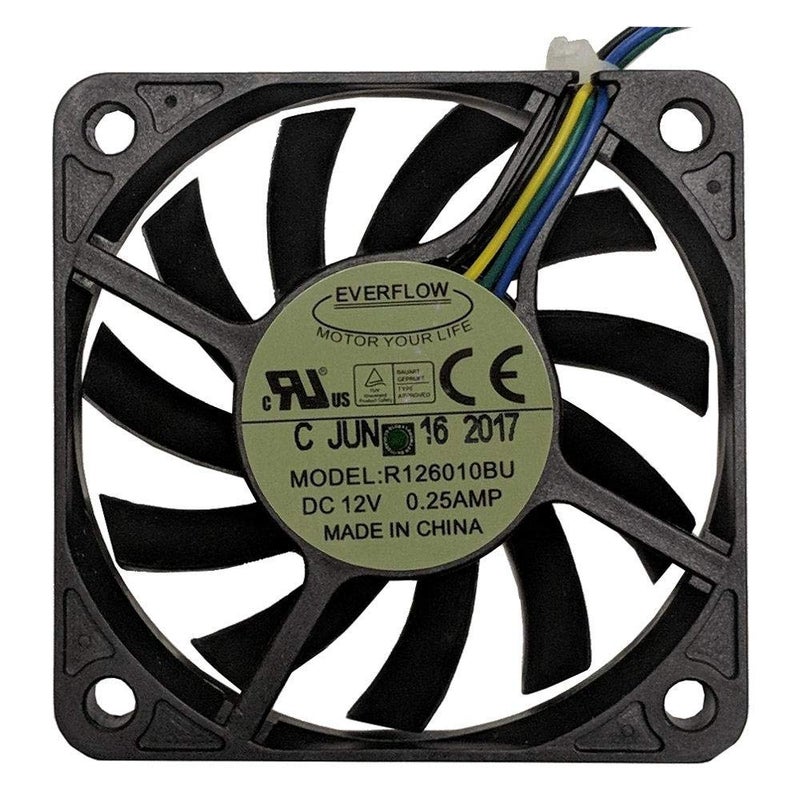 Everflow 60x60x10mm 12V DC Fan, PWM Function, Model R126010BUAF, 14005200 RPM, 2144 dBA Noise Level, 5.6621.03 CFM Air Flow, 4-Pin PWM Connector, Desktop Compatible